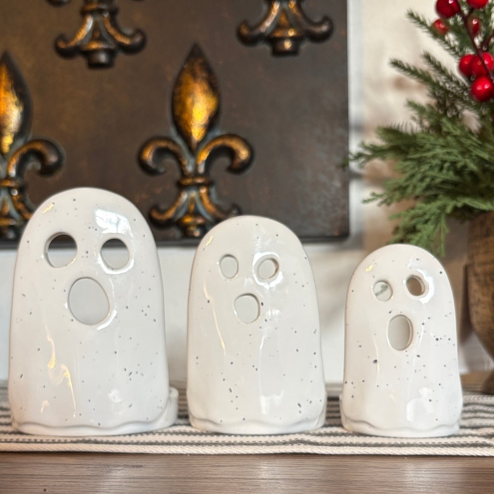 🆕MUDPIE 3 Ceramic Ghost Tealight Holders, OS